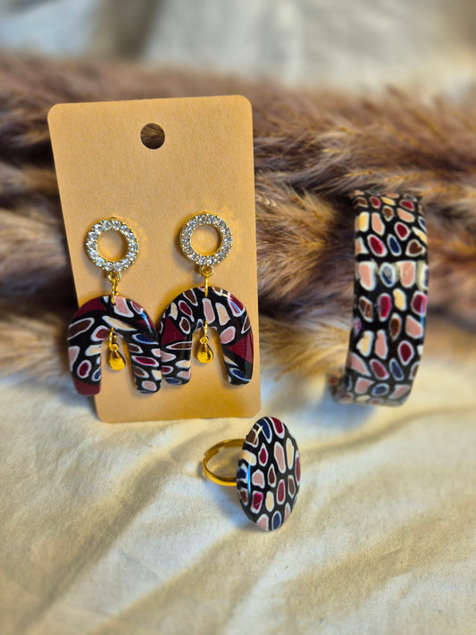 Parure boucle d'oreille 5cm, bague 3cm,bracelet 16cm